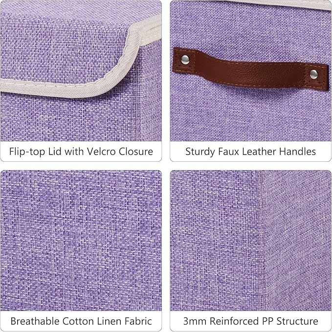 Storage Bins Box with Lids Decorative Cotton Linen Fabric Baskets Cubes with Handles PP Plastic Board Foldable Washable Lidded Clothing Shelf Closet Organizer Container (Purple, Large)