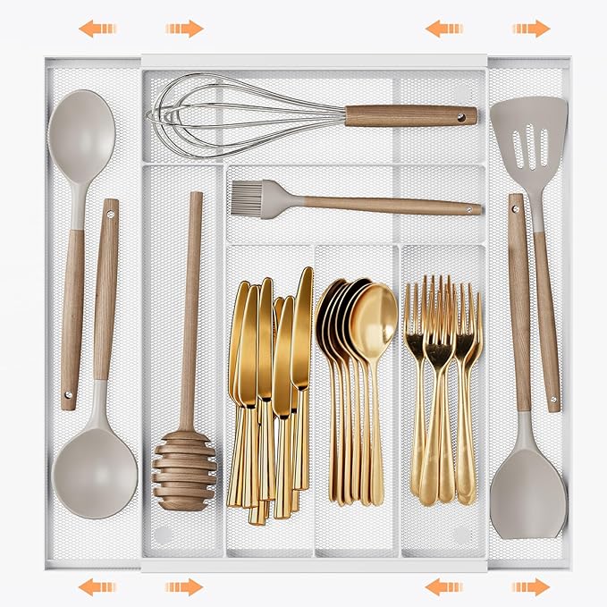 Sedegn Silverware Organizer Metal Mesh, Large Drawer Organizer, Utensil Cutlery Tray for kitchen drawers, Expandable Flatware Organizer with 8 Compartment White 11.6"~20" x 17.3"