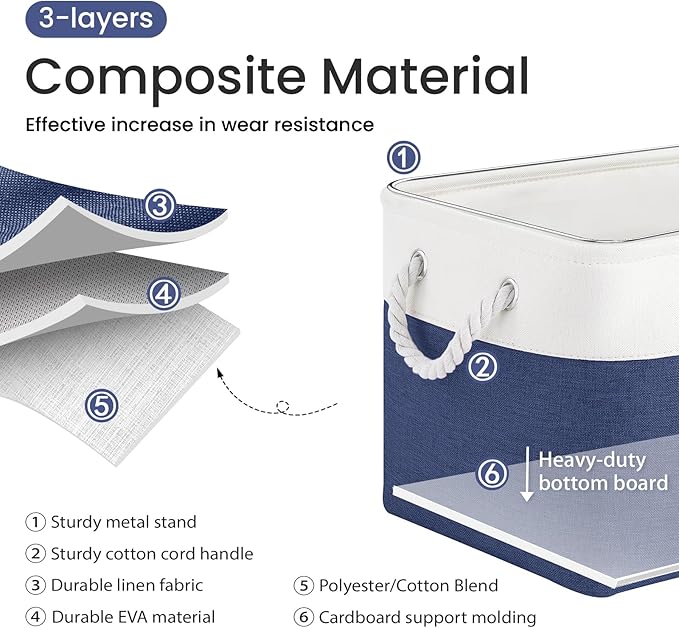 Large Storage Baskets- 15x11x10 inch Storage Bins for Shelves and Closet Organizing, Foldable Fabric Bin for Home Organization Clothes and Laundry (3-Pack, White&Blue)