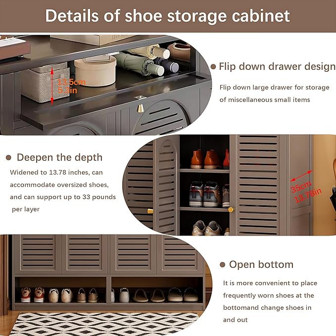 7-Tier Shoe Storage Cabinet with Shutter Doors, Large Capacity Shoe Cabinet With Drawers Sneakers Shoe Rack Shelf for Entryway, Freestanding Shoe Organizer with Thickened Adjustable Shelves for Closet