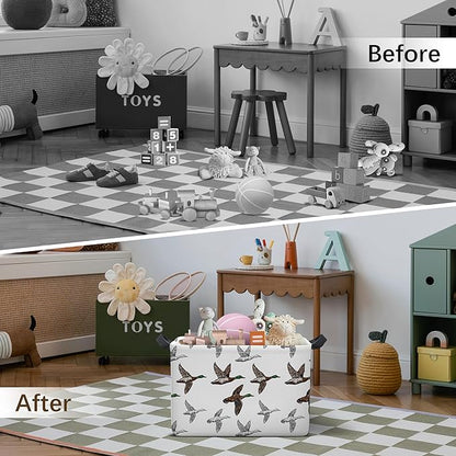 Mallard Duck Storage Basket, Collapsible Waterproof Canvas Organizer Bin, Funny Rectangular Kids Toys Storage Box Cute Mallard Duck Decor, Shelf Baskets for Closet Bedroom Office Dorm (Brown)