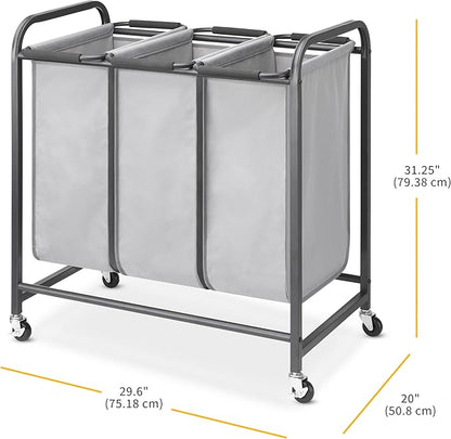 Whitmor Triple Laundry Sorter - 3 Removable Bags with Easy-Grip Handles - Rolling Laundry Sorter - Grey