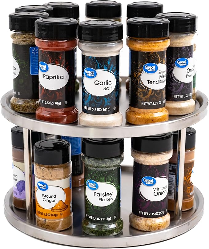 Estilo Stainless Steel 2-Tier Spice Rack Lazy Susan Organizer | 360-Degree Racks for Inside Cabinets | Rotating/Spinning Storage | Food, Kitchen, Pantry, Medicine