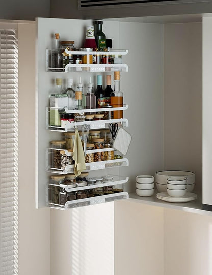 Spice Rack Wall Mount with Hooks - Spice Racks Organizer for Cabinet Storage, Wall Mounted Hanging Shelf Seasoning Organizer, for Kitchen, Pantry Door, Bathroom (White, 1 Pack)