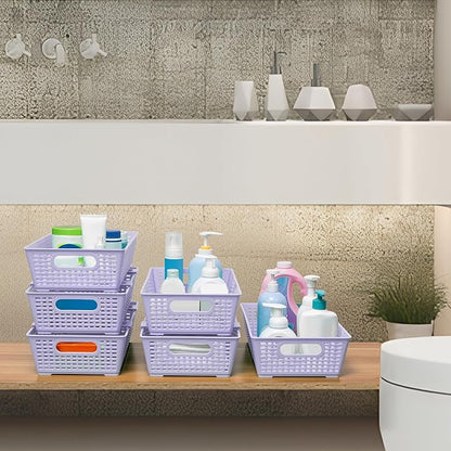 Tiawudi Stackable Woven Plastic Basket, Storage Bins for Cabinet, Closet, Shelf, Under Sink and Countertop, Pantry Organizer Bins, 6 Pack