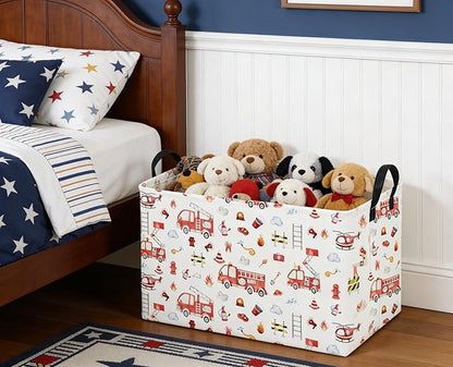 Sanjiaofeng Rectangular Fire Engine Storage Basket,Kids Toy Storage Bin,Nursery Hamper,Kids Storage Basket with Handles,Home Organizer,Books Box,Gift Baskets,Car Room Decor(Fire Engines)