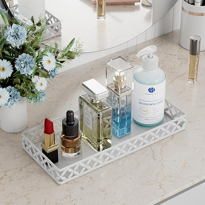 Bathroom Vanity Tray - Small Rectangle Decorative Tray - 11 Inch White Perfume Makeup Tray for Bathroom Counter