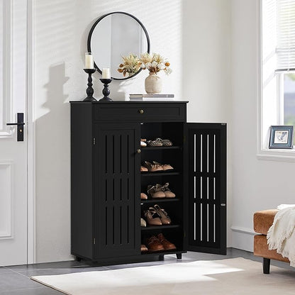 Topeakmart Shoe Rack Storage Cabinet Shelf 5 Tier Adjustable Shoes Organizer with Drawer Louvered Door for Entryway Hallway Furniture Living Room Black
