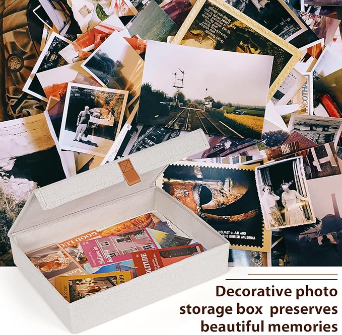 Flenpptly Decorative Photo Storage Box, Photo Boxes Storage with Lids Keepsake Box to Store Pictures, Envelope, Scrapbook Supplies Comes with Business Card Frame to Mark (Large)
