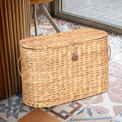 SIEUSALEVN Toilet Paper Storage, Water Hyacinth Baskets with Lid, Toilet Paper Baskets for Storage Holder 6 Rolls, Papers Basket with Built-in Handles for Organizer, Bathroom Accessories Organizer