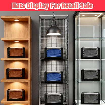 24 Pack Black Hat Boxes with Window - Display & Storage Box for Baseball Caps, Snapbacks, Dad Hats | 7.8 x 7.8 x 4.7 Inch Foldable Gift Box Organizer