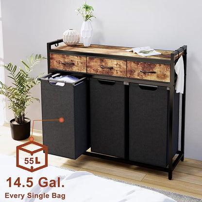 Timberer Laundry Hamper, Laundry Sorter 3 Section, Rolling Laundry Basket with Wheels, 3 Drawers, 3 × 14.5 Gal (55 L), Pull-Out and Removable Oxford Fabric Bags, Black and Rustic Brown