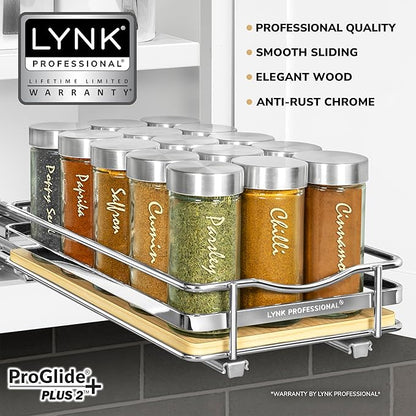 LYNK PROFESSIONAL® Élite™ Pull Out Spice Organization for Cabinets - 6-3/8 inch Wide – Spice Rack for Inside Cabinets – Wood/Chrome - Sliding Spice Rack Organizer for cabinet – Spice Rack - 1 Tier