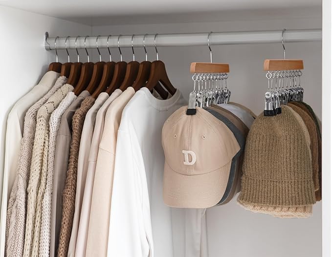 StorageWorks Hat Rack, Closet Organizer and Storage for Baseball Caps,Set of 2 with 10 Adjustable Stainless Steel Clips, Fits All Caps, Natural Wood Color