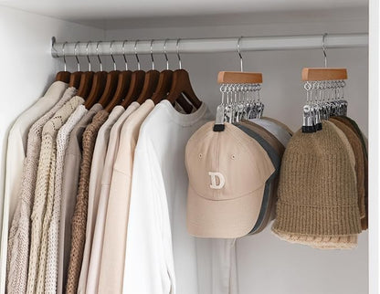 StorageWorks Hat Rack, Closet Organizer and Storage for Baseball Caps,Set of 2 with 10 Adjustable Stainless Steel Clips, Fits All Caps, Natural Wood Color