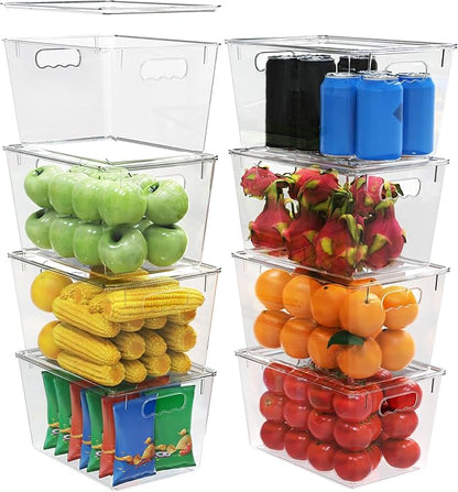 YAN & HIN 8 Pack Clear Storage Bins with Lids, Stackable Plastic Organizer Bins with Handles, Pantry Organizers and Storage for Kitchen Cabinet, Fridge, Bathroom, Closet and Shelf Organization