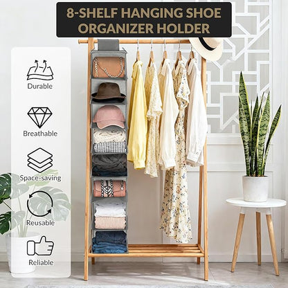 Garvee 3-Tier Hanging Shoe Organizer for Closet, Gray 8-Shelf Storage Holder with 2 Hooks, No Tools Needed Installation, Space-Saving Shelf for Shoes, Purses, Scarves, Accessories (3 Pack)