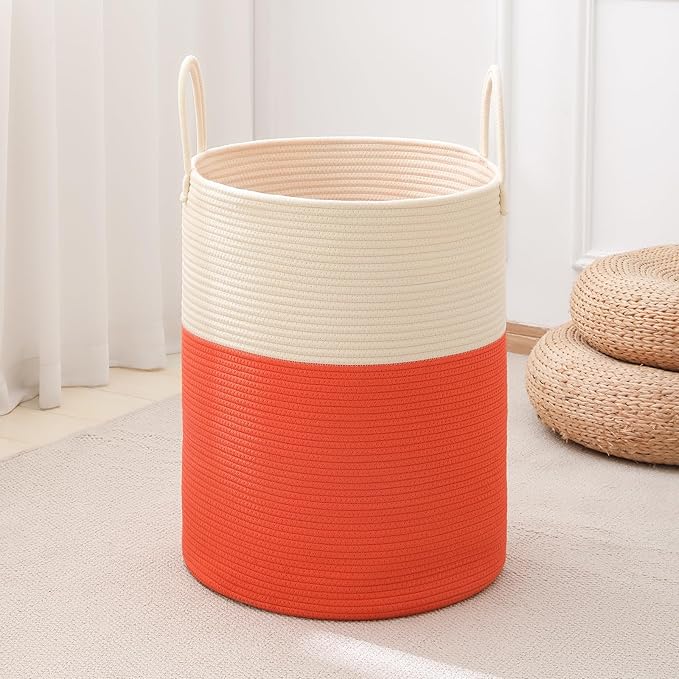 Woven Laundry Hamper Tall Rope Storage Basket for Blanket oys Dirty Clothes in Living Room Bathroom Bedroom (White&Orange, 100L/26.4Gal)