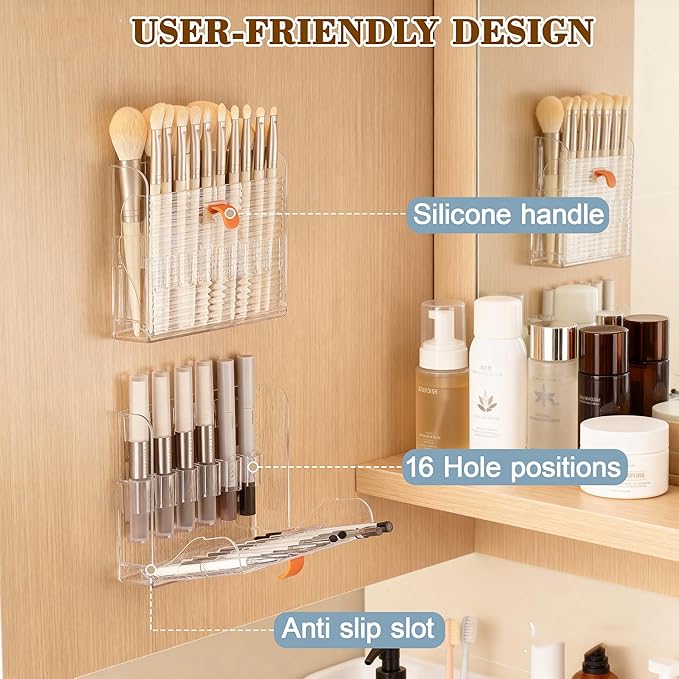 Wall-mounted Makeup Organizers, 16-Slot Eyeliner Lip Liner Organizer Holder, Makeup Organizer for Brush, Makeup Pencils, Concealer Pencil Display Case for Vanity Bathroom (Transparent White)