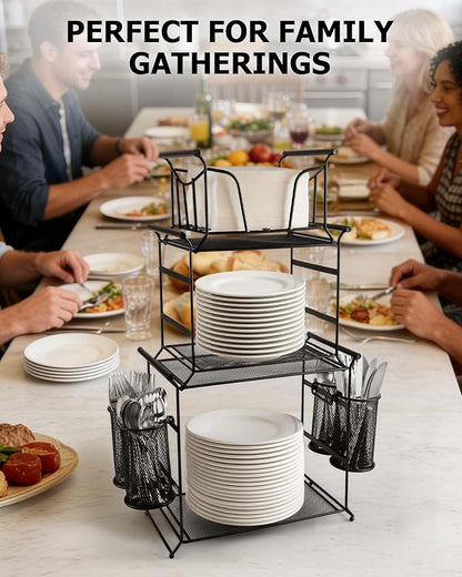 HULISEN 3-Tier Buffet Caddy, 7-Piece Set Stackable Paper Plate and Utensil Holder for Party, Detachable Mesh Silverware Organizer for Countertop, Metal Serving Station for Hosting Party Essentials