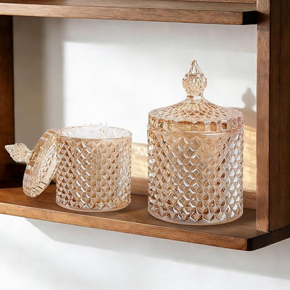 2 Pack Qtip Holder Glass Apothecary Jars with Lid for Bathroom Canisters Dispenser Decor Storage Organizer for Cotton Swabs, Balls, Pads, Floss Picks, Candy, Amber