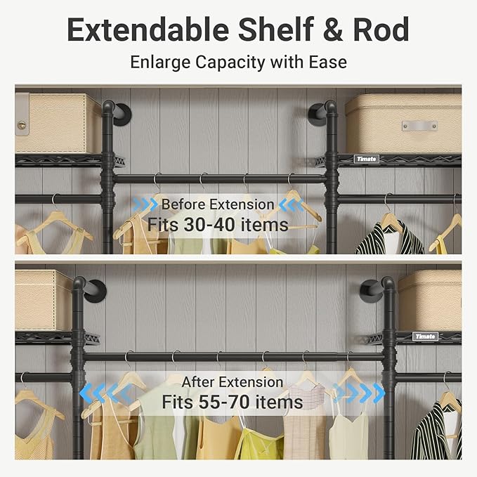 Timate F3 Medium Wall Mounted Clothes rack Expandable Closet, Industrial Pipe Clothing Rack for Hanging Clothes, Heavy Duty Clothes Rack with Shelves, Garment Rack Wall Closet System Black Pipe Closet