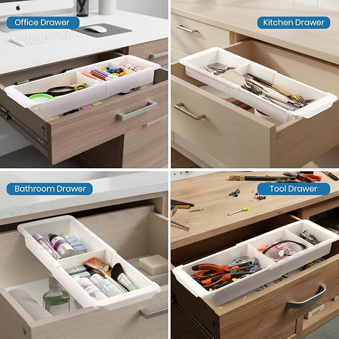 Enhon Expandable Sliding Drawer Organizer for Kitchen Drawers, Deep Drawer Organizer Tray with Adjustable Dividers, Sliding Kitchen Drawers Tray for Utensils, Silverware & Accessories, 11.4”–18”,White