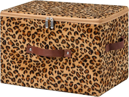 Storage Bins Boxes with Zipper Lid Leopard Print Cute Velvet Fabric Basket PU Leather Handles PP Plastic Board Foldable Washable Lidded Closet Shelf Organizer Container (Large Size)
