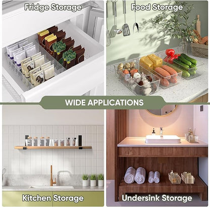 BALEINE Clear Plastic Storage Bins with 3 Removable Dividers, Pantry Organization, BPA Free Stackable Refrigerator Organizers and Storage for Kitchen Fridge Cabinet Bathroom (10.5x6.1x3.5, 4PK)