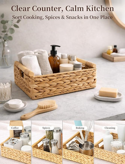 Water Hyacinth Wicker Basket, 13.39*9.45*4.65 Inch Woven Basket with Handles, Wooden Handles Wicker Storage Basket, Rattan Basket for Decorative Baskets, Pantry, Shelves, Gift, Toys - Medium