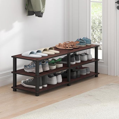 Furinno TURN-S-TUBE Shoe Rack, 3-Tier Wide Shoe Organizer, Open Shelf Rectangular Shoe Storage Rack, 11.6 x 47.2 x 15.4, Toolless Assembly, for Closet Entryway, Office, Garage, Dark Cherry