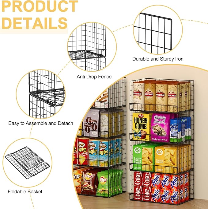 4 Pack Stackable Wire Baskets for Pantry Organizers and Storage, Large Pantry Basket for Snack Organizer, Foldable Fruit and Vegetable Storage Bin Store Can Onion Potato for Kitchen Cabinet/Countertop