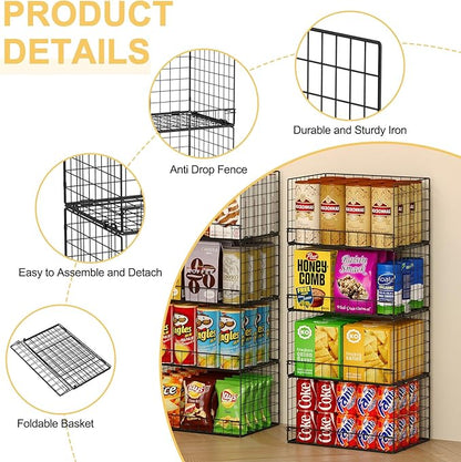 4 Pack Stackable Wire Baskets for Pantry Organizers and Storage, Large Pantry Basket for Snack Organizer, Foldable Fruit and Vegetable Storage Bin Store Can Onion Potato for Kitchen Cabinet/Countertop