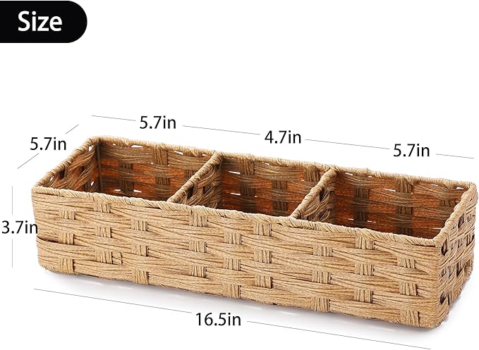Toilet Tank Topper Paper Basket Multiuse Hand Woven Plastic Wicker Basket Bins with Divider for Shelves Rustic Farmhouse Bathroom Decor Countertop Organizer Storage (Yellow-big 3 boxes)