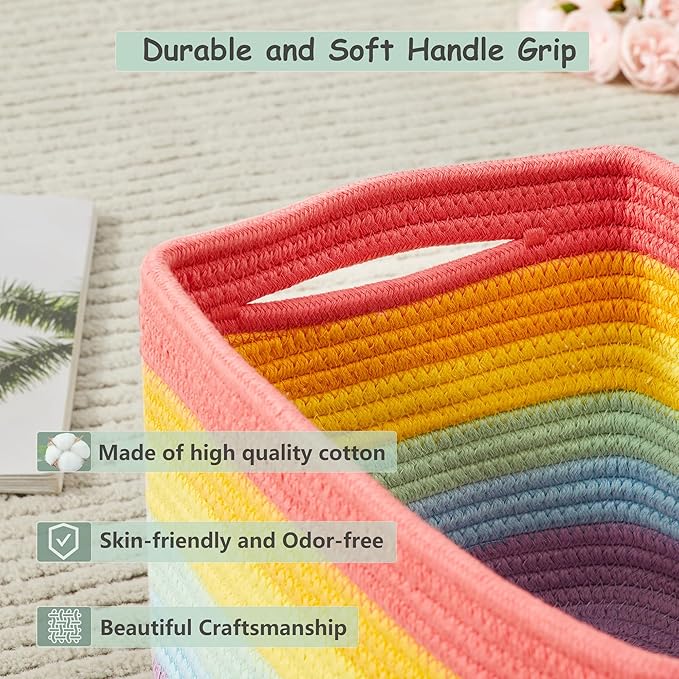 Set of 4 Rainbow Rope Basket for Shelves Woven Rectangle Storage Basket Bins for Nursery Toy Storage for Baby Girl