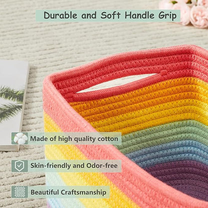 Set of 4 Rainbow Rope Basket for Shelves Woven Rectangle Storage Basket Bins for Nursery Toy Storage for Baby Girl