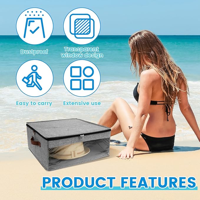 Hat Box Dustproof Hat Storage Box with Zipper Lid and Clear Window Hat Travel Case with Strap Practical Hat Organizer for Closet Clothes Stuffed Toy Storage