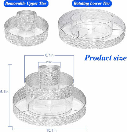 Bling 360 Rotating Makeup Organizer,Shiny Lazy Susan Cosmetic Storage Turntable for Skincare,Perfume & Lipstick,Glitter Round Spinning Tray with Brush Holder for Vanity,Bathroom (10"L x 10"W)