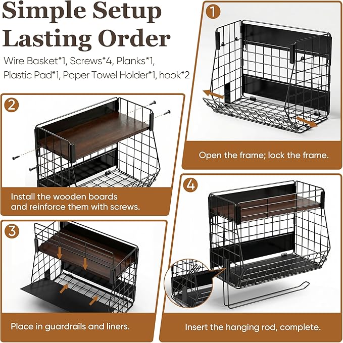 Magnetic Spice Rack for Refrigerator with Paper Towel Holder, Fruit Basket with 2 Hooks for Kitchen Storage and Organizer, Full‑Enclosed Magnetic Shelf 33 lbs for Laundry, Pantry, Coffee Bar and RV