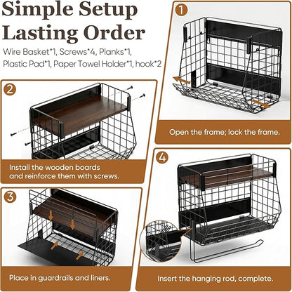 Magnetic Spice Rack for Refrigerator with Paper Towel Holder, Fruit Basket with 2 Hooks for Kitchen Storage and Organizer, Full‑Enclosed Magnetic Shelf 33 lbs for Laundry, Pantry, Coffee Bar and RV