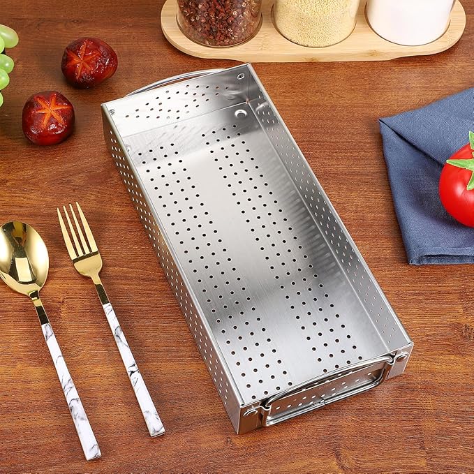 Hemoton Stainless Steel Utensil Holder Large Capacity Chopsticks Storage Case Kitchen Cutlery Organizer Drainage Box for Countertop 11.93X5.39X1.97 Inches