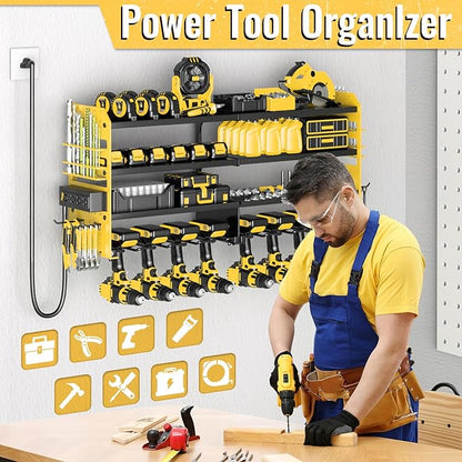Power Tool Organizer Wall Mount with Charging Station,4 Layer Heavy Duty Metal Storage Rack with 8 Cordless Drill Holder,Battery Utility Rack Gift for Garage workshops Room(Yellow)