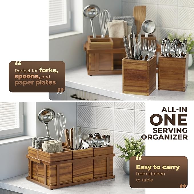 Acacia Silverware Caddy for Parties, Utensil Caddy with Paper Plate Dispenser, 4-Compartment Cutlery Flatware Organizer for Spoons, Forks, Napkins - Natural Wood Finish