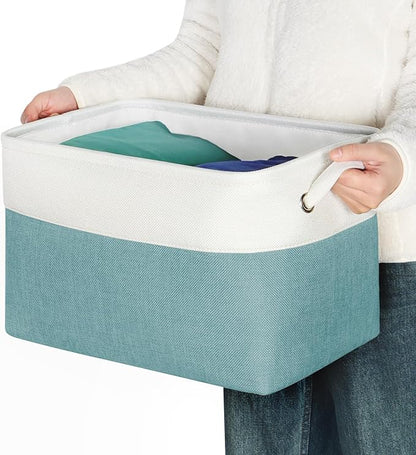 Foldable Storage Bin Collapsible Fabric Storage Basket Cube with Durable Handles Closet Organizer Bins for Organizing Shelves Drawers, Set of 3, 15" x 10" x 9.5", Teal