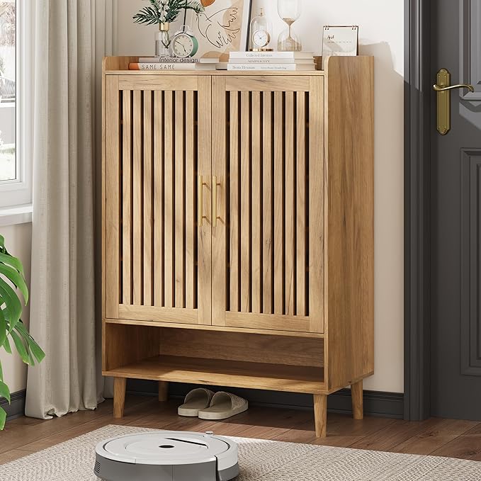 Shoe Cabinet, Large 6-Tier Shoe Storage Cabinet with Louvered 2 Doors, 44" Tall Freestanding Entryway Shoe Cabinet with Adjustable Shelves, Modern Shoe Organizer Cabinet, Shoe Rack Cabinet (Oak)