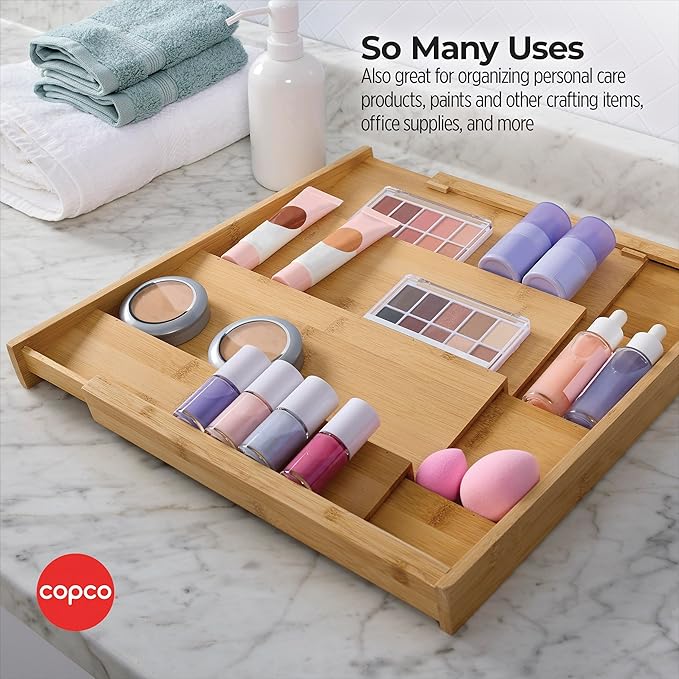 Copco 4 Tier Expandable Bamboo Spice Organizer for Drawers, Adjustable from 12.2 inch to 23 Inch, In Drawer Rack for Kitchen, Holds 32 Jars, Durable & Eco-Friendly Spice Storage Solution