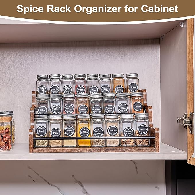 Aminigram Wood Spice Rack Organizer for Cabinet, 3 Tier Spice Shelf Storage, Kitchen Seasoning Organizer for Spice Bottles, Jars, Seasonings, Baking Supplies