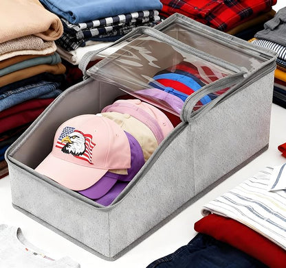 Stackable Hat Storage for Baseball Caps Clear Window Lid Large Space-Saving Hat Organizer for Closet, RV,Clothing Shelf, Sturdy Snapback Boxes Made of Breathable Fabric