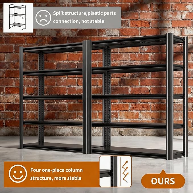72''H Garage Shelving,3300LBS Heavy Duty Garage Shelving,40"W Industrial Shelving,Adjustable Storage Shelf Unit with Double Layer Posts for Garage,Basement,Warehouse,Commercial,Black 5 Tier