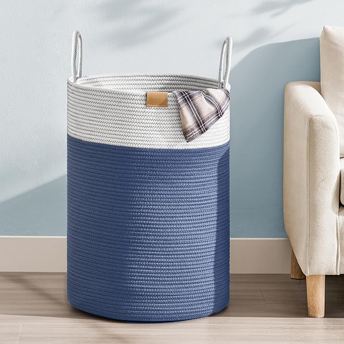 Nunsino Laundry Hamper 75L,Large Laundry Basket for Clothes,Decorative Storage Basket for Blankets,Cotton Rope Woven basket for bedroom,Navy Blue